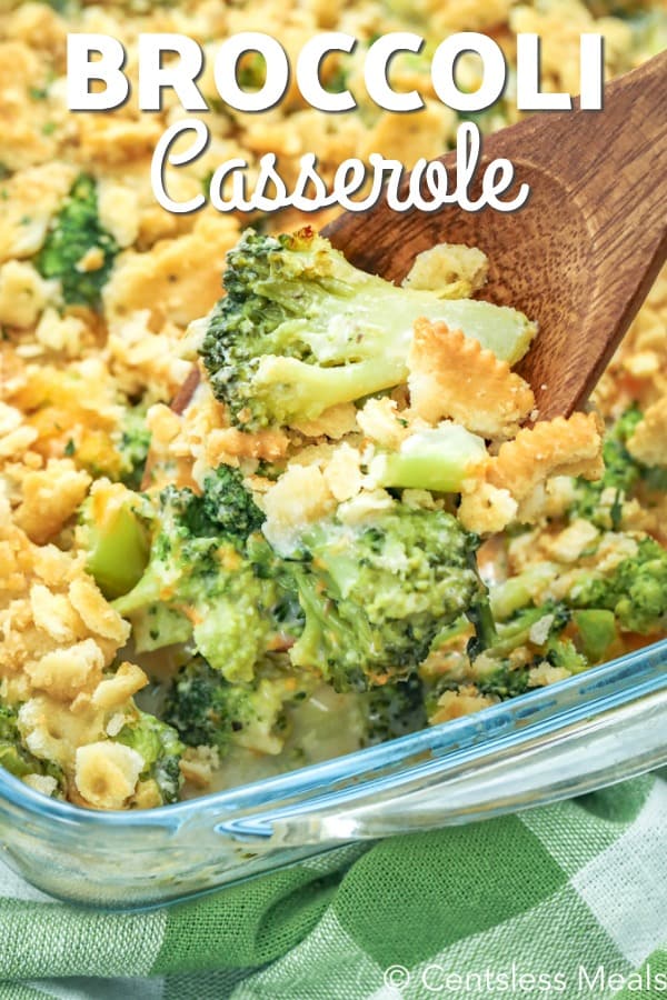 close up of taking a scoop of Broccoli Casserole with cracker crumb topping
