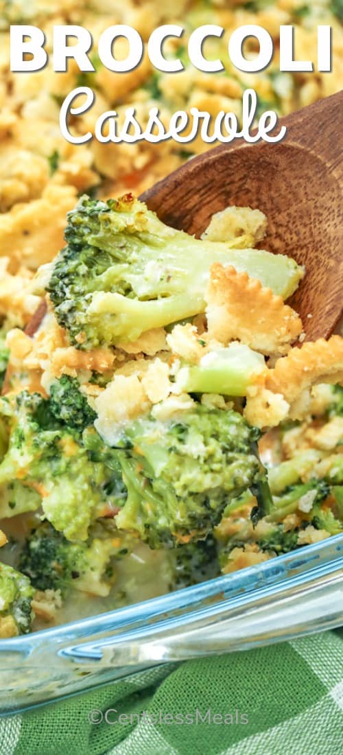 taking a scoop of Broccoli Casserole with cracker crumb topping
