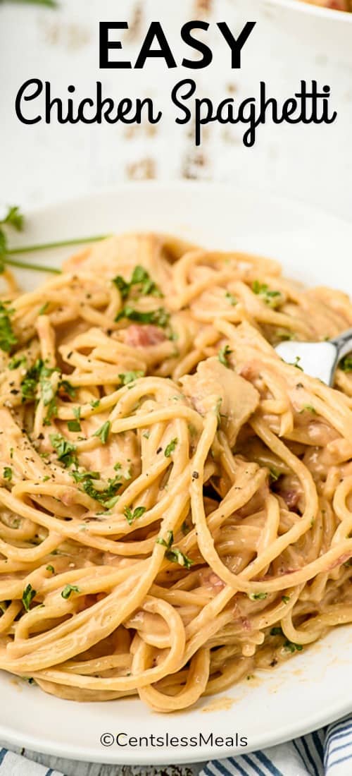 Chicken spaghetti on a plate with a title