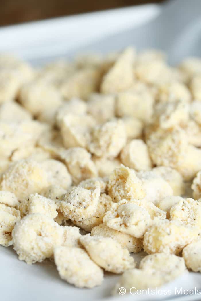 breaded tortellini on a plate for crispy fried tortellini