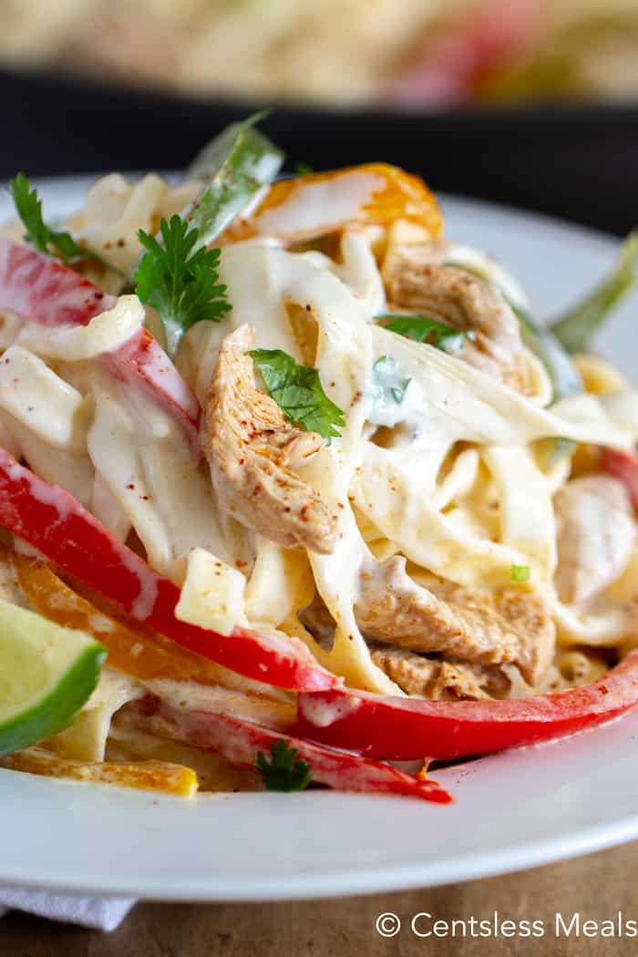 Fajita pasta on a white plate garnished with cilantro