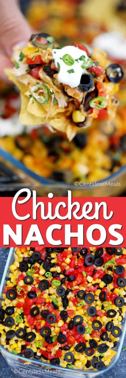 Uncooked chicken nachos in a casserole dish and a bite of chicken nachos with writing