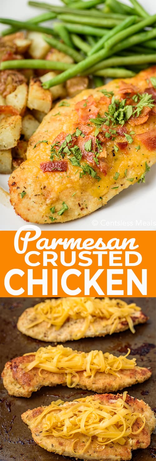 Parmesan crusted chicken on a baking sheet and on a plate with writing