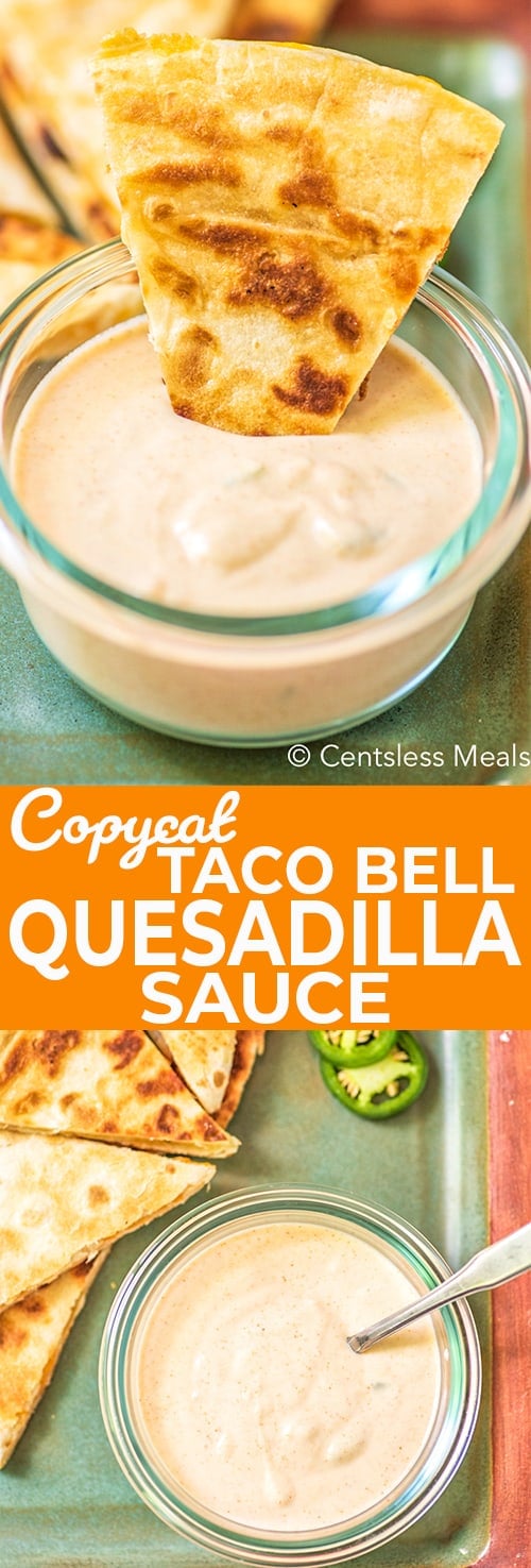 Taco Bell quesadilla sauce in a jar with quesadillas and writing