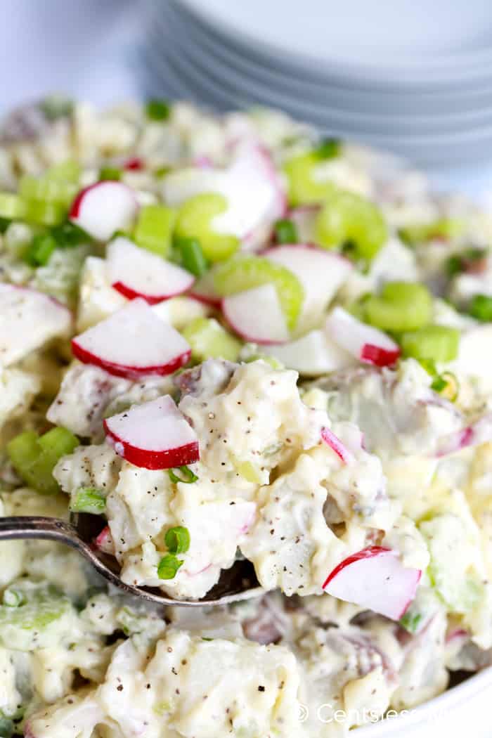 Creamy potato salad with a spoonful being scooped out