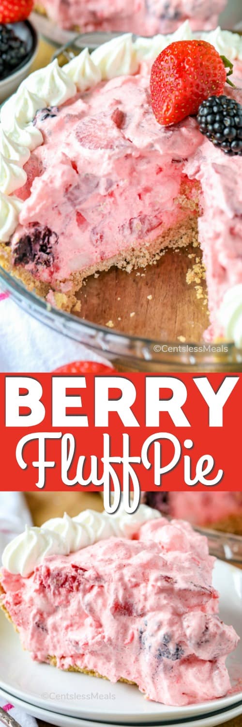 Berry fluff pie in a pie plate and a piece of berry fluff pie on a white plate with a title