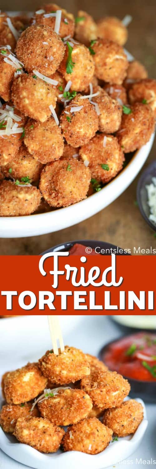 Fried tortellini in a bowl and in a dish with a title