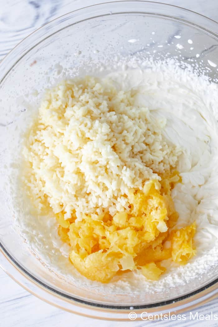 Ingredients for pineapple rice pudding in a clear Bowl