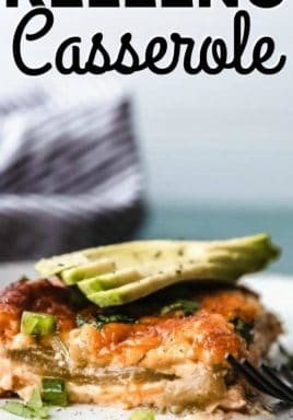 Chile Relleno Casserole on a white plate with writing