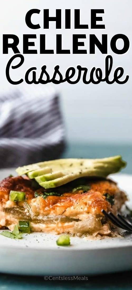 Chile Relleno Casserole on a white plate with writing