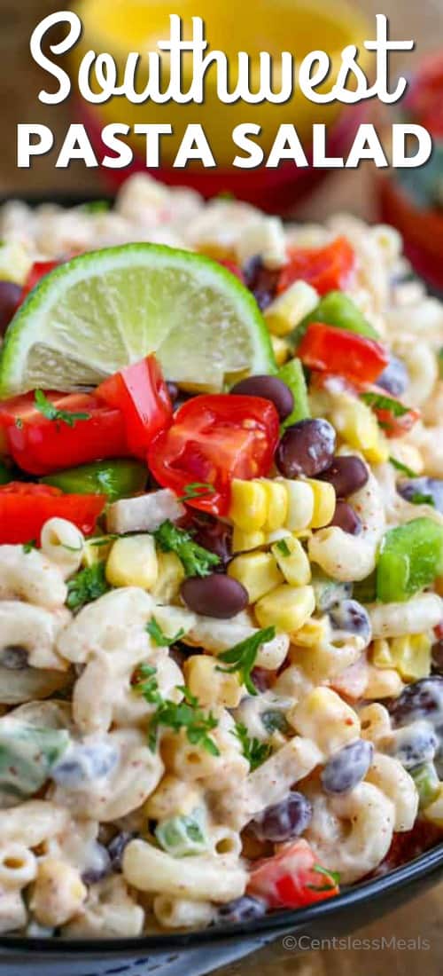 Southwestern pasta salad in a bowl with a title