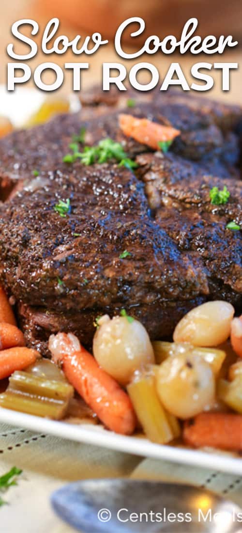 Slow cooker pot roast on a plate with a title