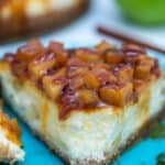 Caramel Apple Cheesecake on a blue plate