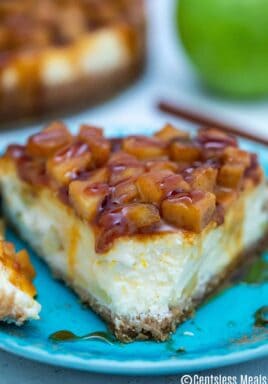 Caramel Apple Cheesecake on a blue plate