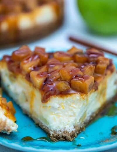 Caramel Apple Cheesecake on a blue plate
