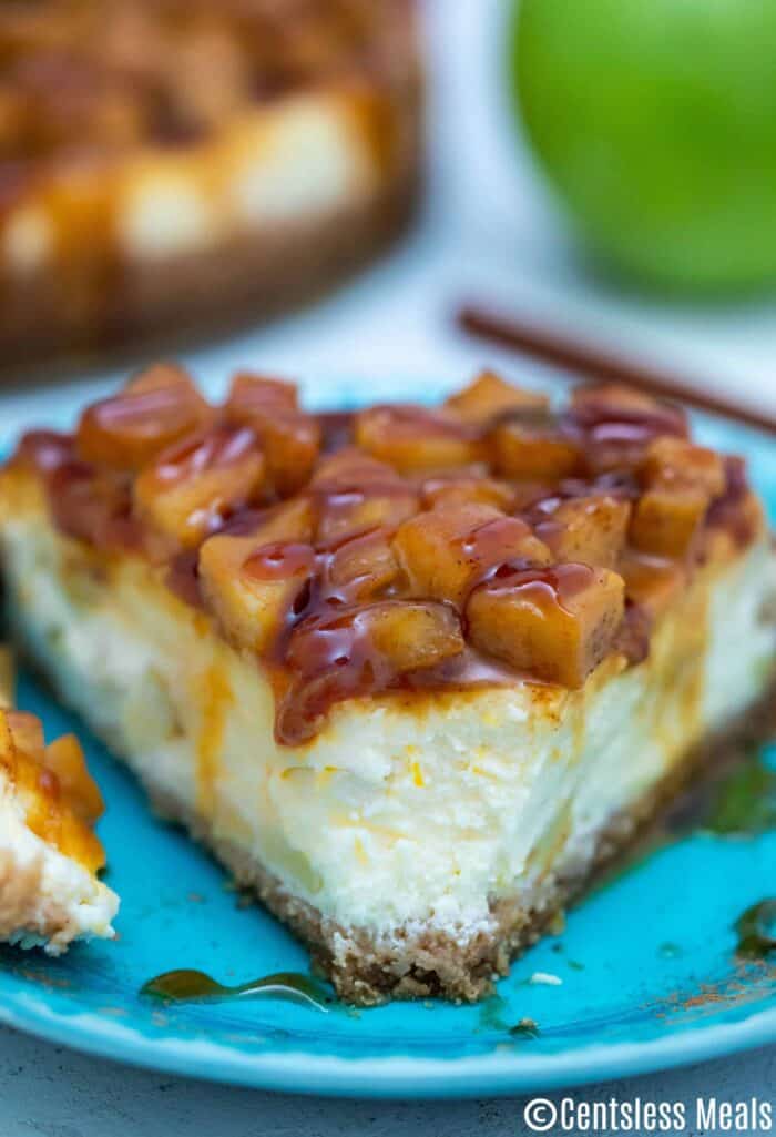 Caramel Apple Cheesecake on a blue plate