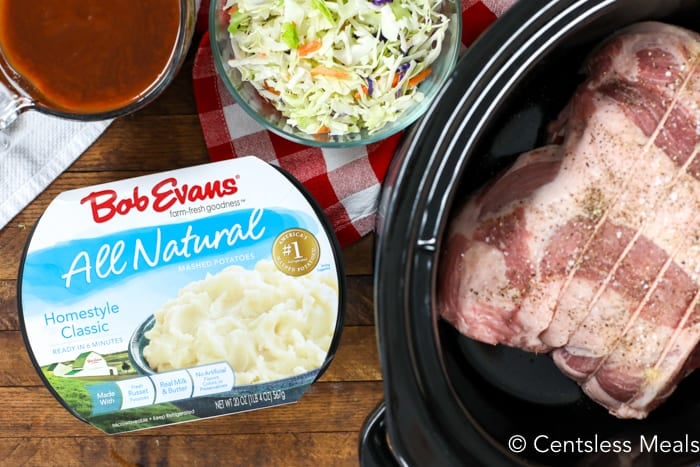 Pork in a Crock-Pot with Bob Evans mashed potatoes and coleslaw
