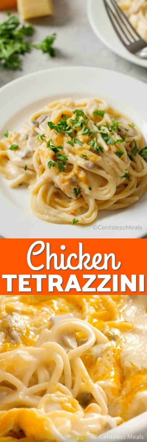 Chicken tetrazzini in a dish and on a plate with a title
