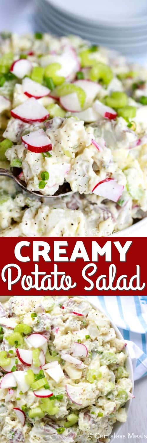 Creamy potato salad in a bowl with a spoonful being taken out with a title