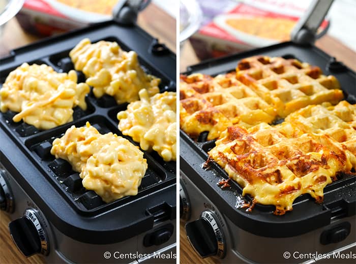 The left photo shows the mac and cheese prior to being cooked on the griddle. The right photo shows the waffles once they are cooked