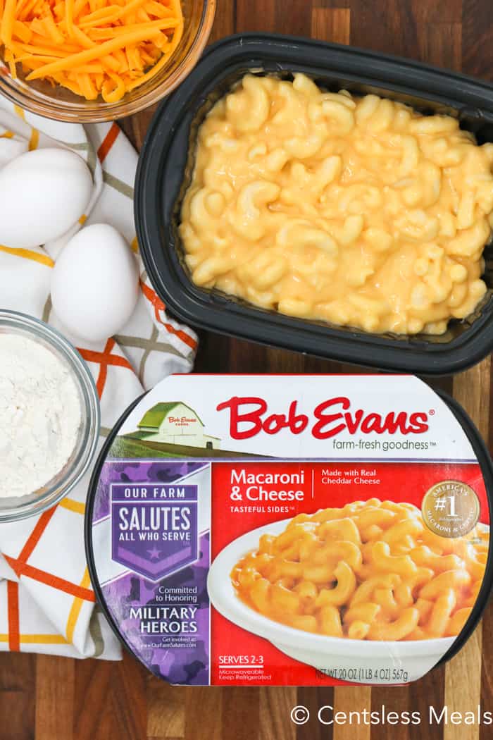 ingredients for Mac and Cheese Waffles assembled on a wooden board