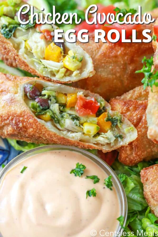Chicken avocado egg rolls with aioli and a title