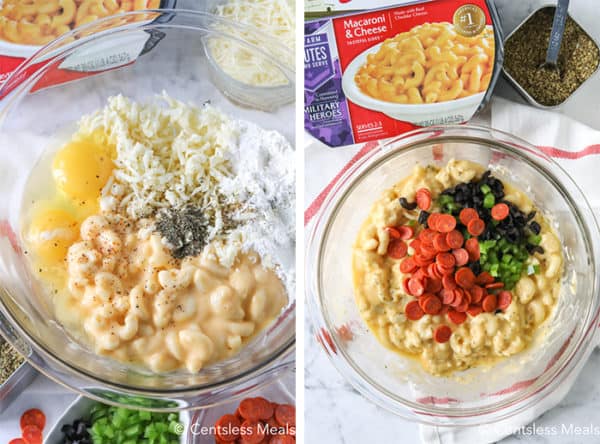 Ingredients for pizza mac and cheese bites in a clear Bowl