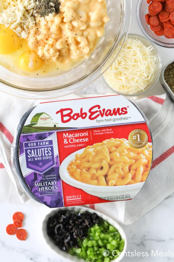 Bob Evans mac and cheese with other ingredients for pizza mac and cheese bites