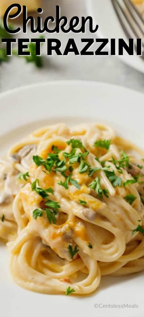 Chicken tetrazzini on a plate with parsley and a title