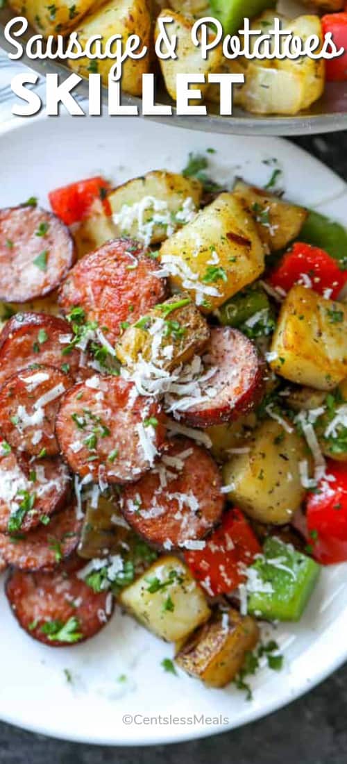 Sausage and potato Skillet on a white plate with text