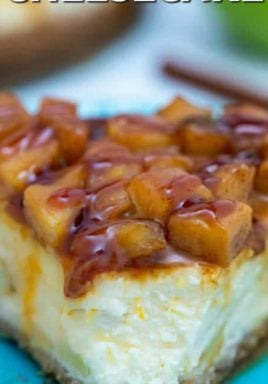 Caramel apple cheesecake on a plate with a title