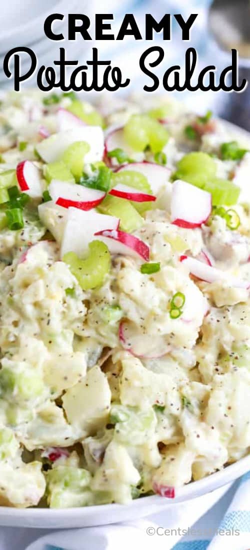 Creamy potato salad in a bowl with a title