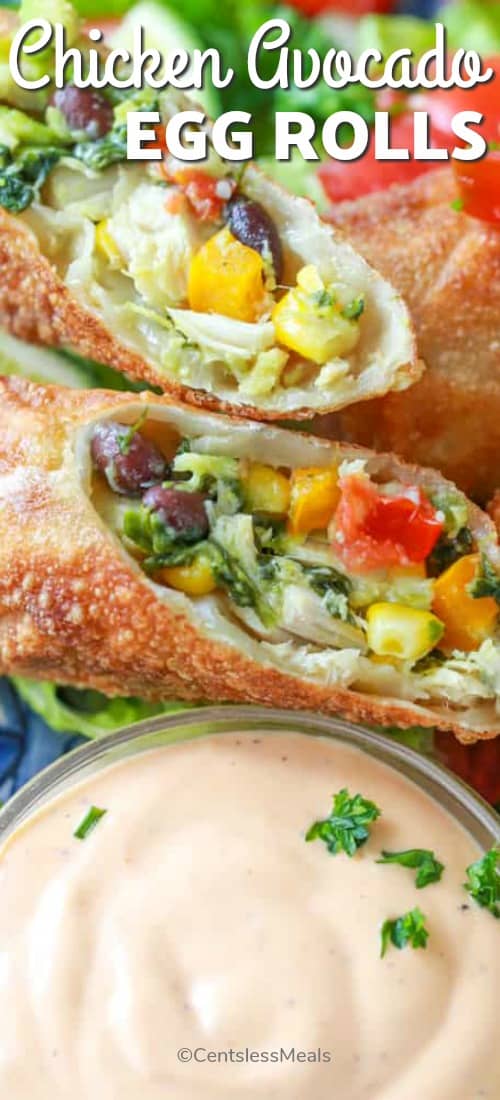 Chicken avocado egg rolls with dip and writing