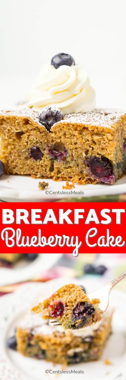 Breakfast blueberry cake on a fork and on a plate with a title