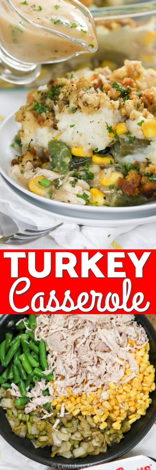 Ingredients for leftover turkey casserole in a pot and leftover turkey casserole on a plate with a title