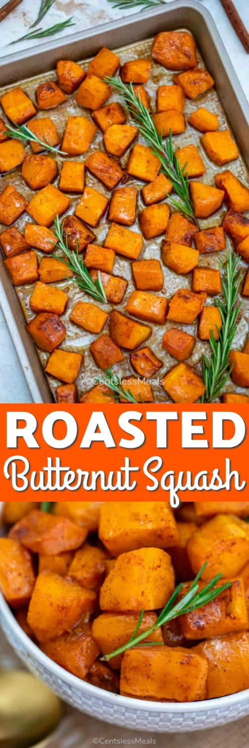 Roasted butternut squash in a bowl and on a baking sheet with a title
