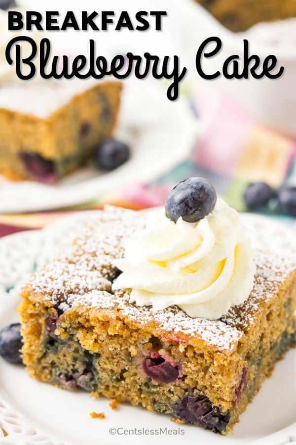 Piece of breakfast blueberry cake on a plate with writing