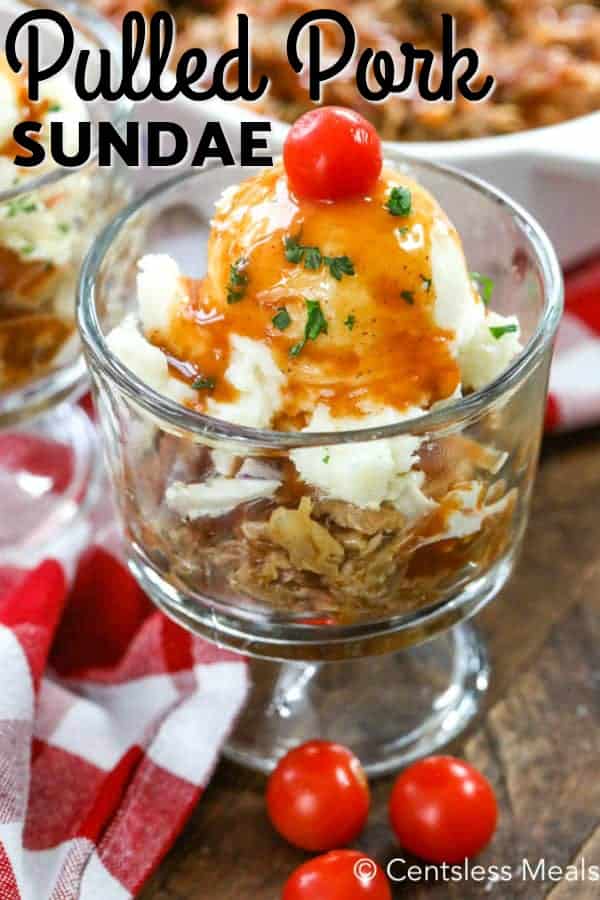 Pulled pork sundae in a dish with a title