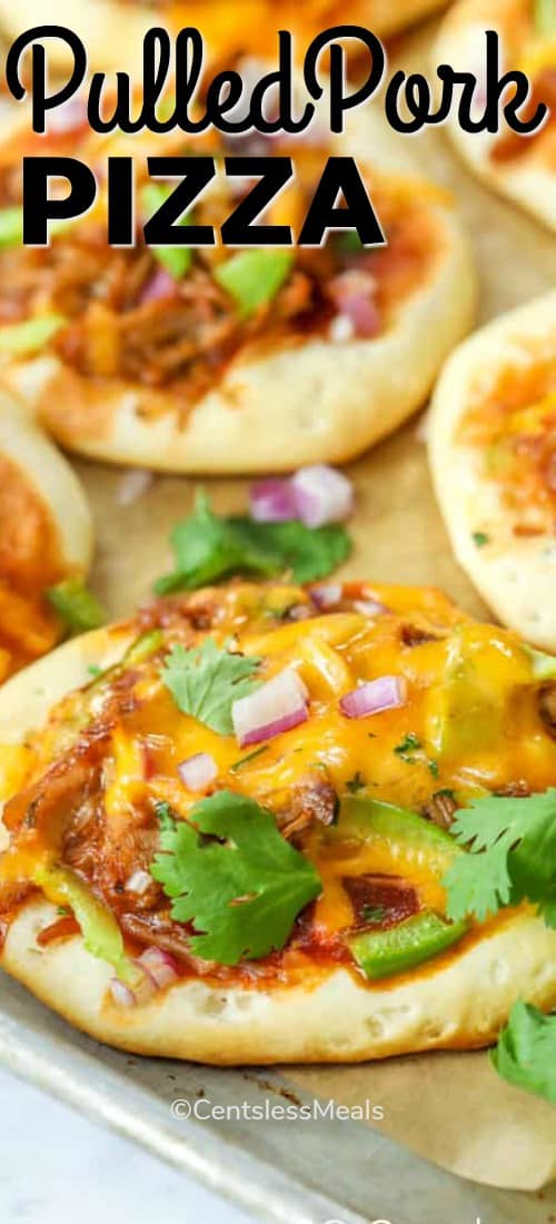 Pulled pork pizzas on a baking sheet with a title