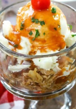 Pulled pork sundae in a dish with writing