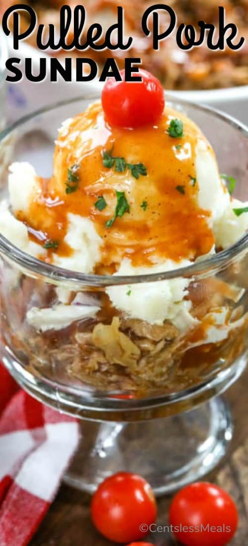 Pulled pork sundae in a dish with writing