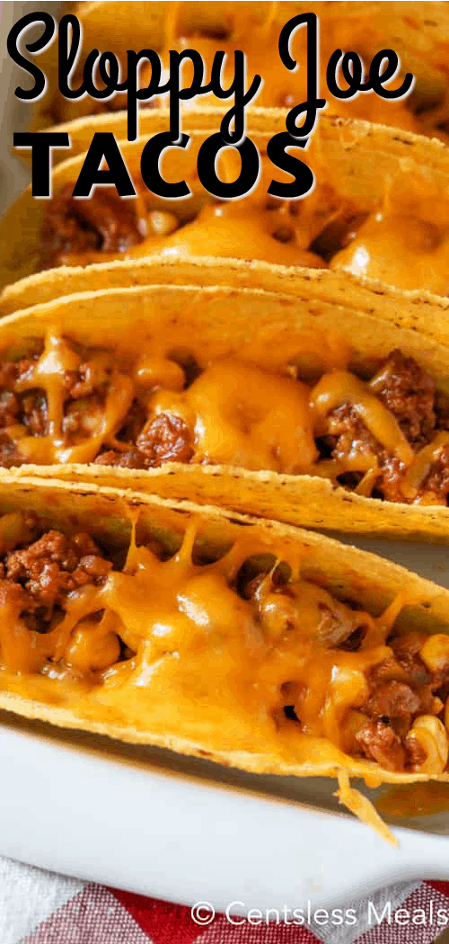 Sloppy joe tacos in a dish with writing