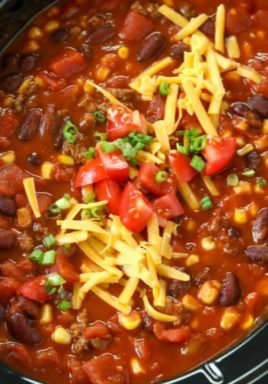 Slow cooker taco chili in a slow cooker with a title