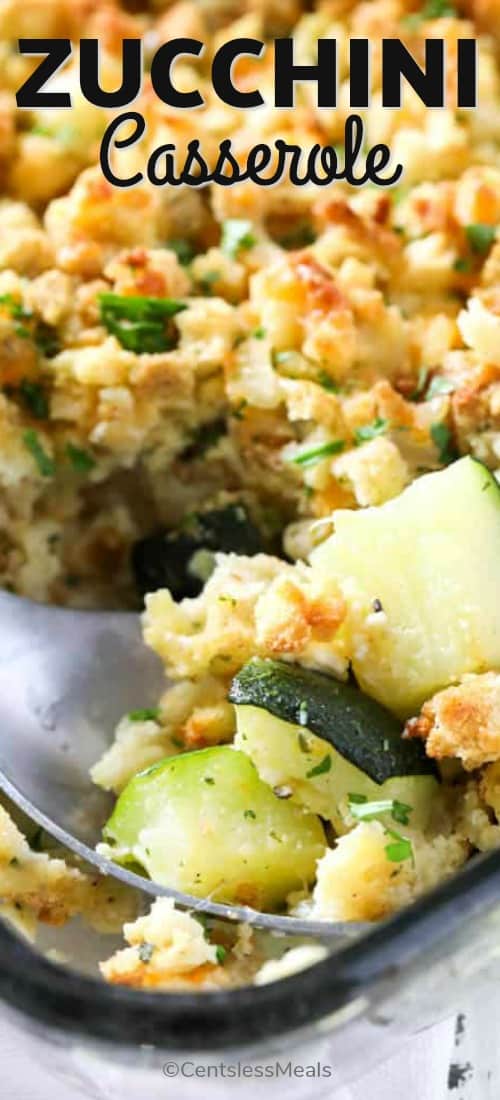 Zucchini casserole in a casserole dish with writing