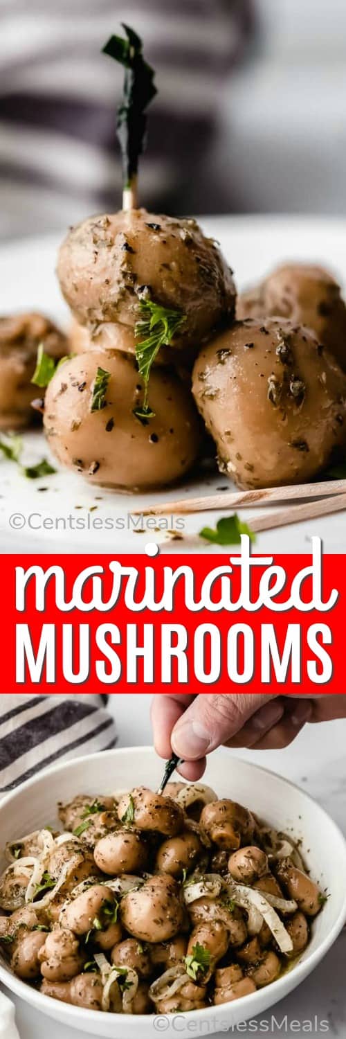 Marinated mushrooms in a bowl and on a plate with a title