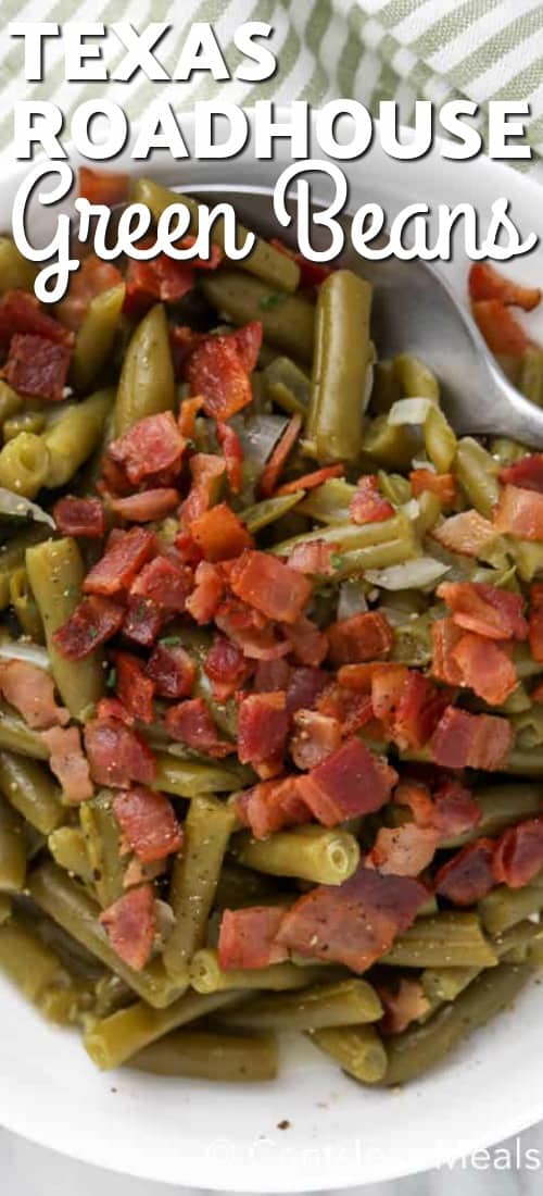 Texas Roadhouse green beans on a white plate with a spoon and a title