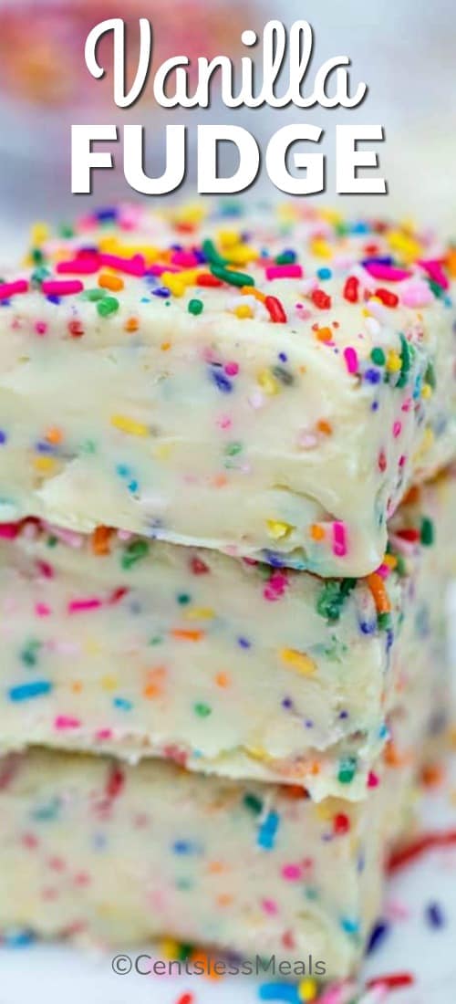 Squares of Vanilla Fudge with sprinkles and a title