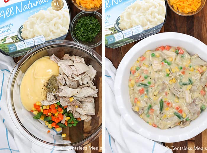 Ingredients for mashed potato pot pie in a clear bowl and potato pot pie in a pie dish