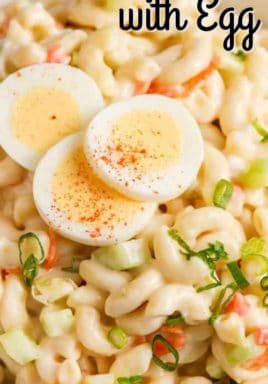 Macaroni salad with egg in a bowl with a title