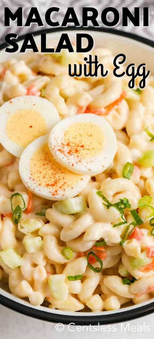 Macaroni salad with egg in a bowl with a title